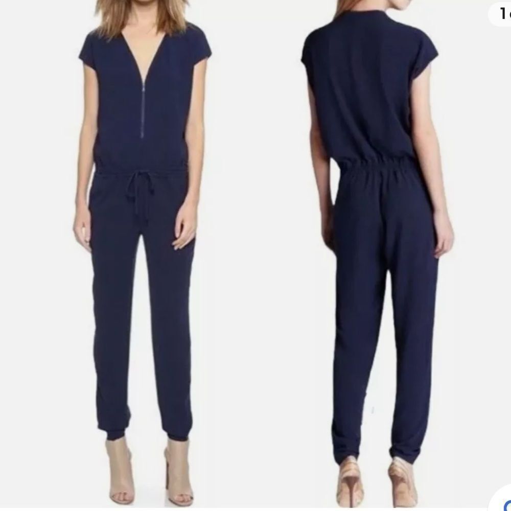 Vince Navy Blue Zip Front Cap sleeves Waist drawstring Tapered Leg Jumpsuit 8